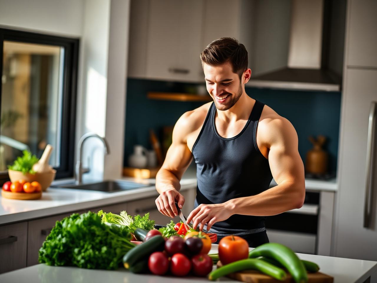 A person preparing a healthy meal in a bright kitchen