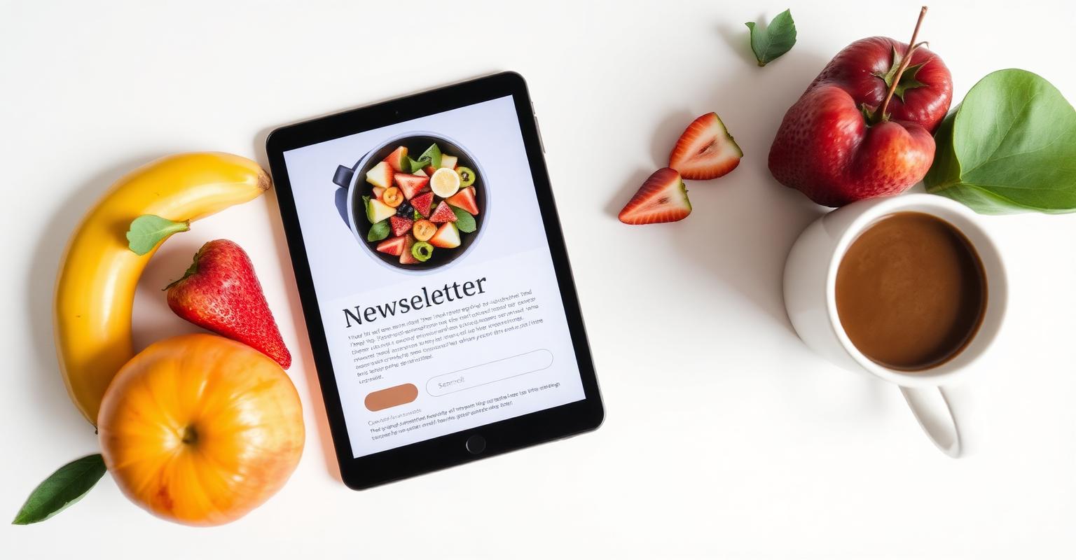 Tablet showing a healthy newsletter next to fresh fruit